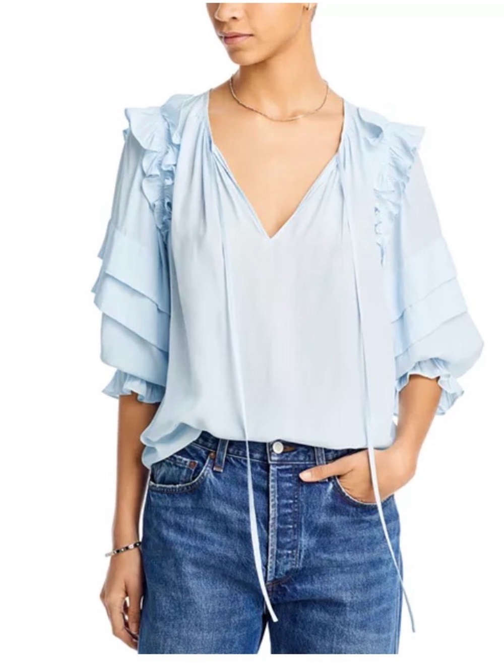 Ramy Brook Samira Pale Blue Ruffle Sleeve V-Neck Blouse Size M
